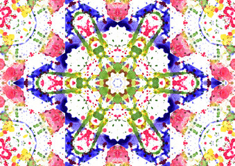 A drawing created with drops of watercolor paint of different shades and repeated several times in the GIMP photo editor. The kaleidoscope tool was used. Created with GIMP