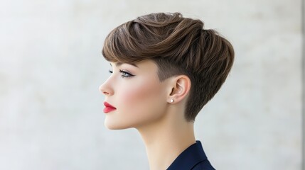 Stylish young woman with trendy hairstyle in modern setting