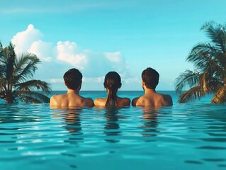 Relaxing in infinity pool with friends tropical beach lifestyle photography serene environment scenic view
