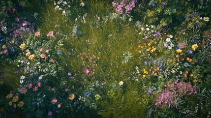 Aerial view of vibrant wildflowers in a lush meadow.