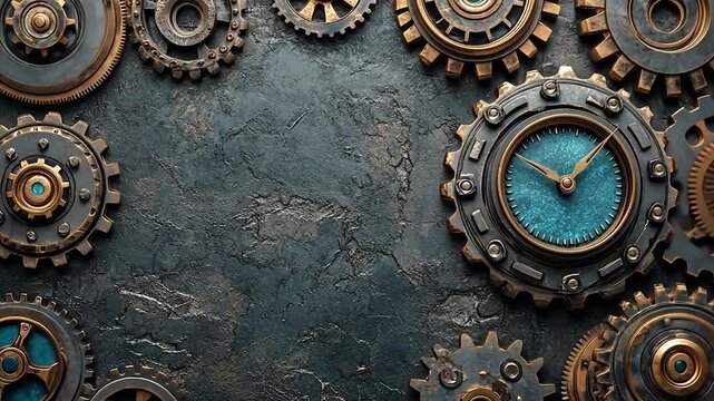 Vintage steampunk gears and clock on textured dark background