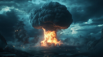 Dramatic Depiction of a Nuclear Explosion Amidst Dark Clouds