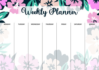 Weekly planner page for printing. A4 size. Planner page with florals.