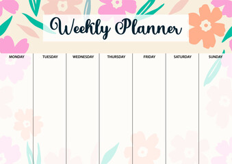 Weekly planner page for printing. A4 size. Planner page with florals.
