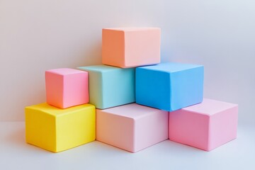 Obraz premium Colorful stacking blocks arranged in a playful manner suitable for children’s activities and learning environments