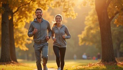 Romantic couple jogging in autumn park. Happy man, woman in sportswear run together. Morning sunlight motivates for physical activity, exercise. Healthy lifestyle. Girlfriend, boyfriend enjoy sport
