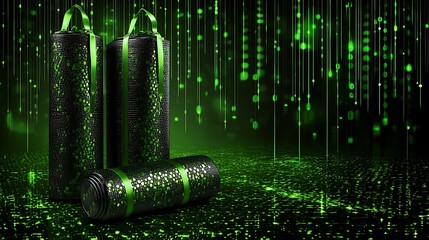 Black Massage Rollers on Stage with Green Data Stream Backdrop for Health & Fitness Product Display