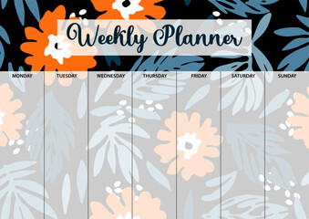 Weekly planner page for printing. A4 size. Planner page with florals.
