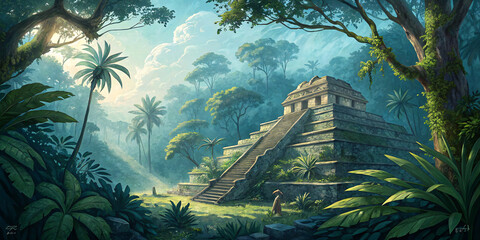 Ancient Mayan Pyramid Nestled Deep Within A Lush, Vibrant Jungle, Bathed In The Soft Light Of A Mystical Sunrise, Showcasing Serene Tranquility And Forgotten History