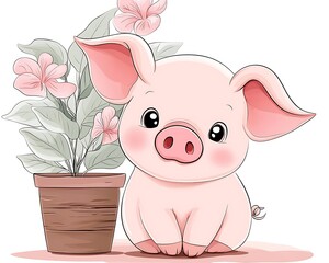 Cute Piggy & Potted Plant.