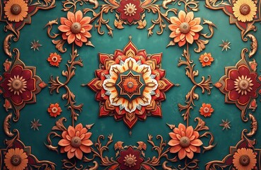Floral Islamic pattern with arabesque ornaments. Orange, red flowers, gold foliage on teal background. Decorative ornamental seamless design, elegance, geometry. Arabian arabesque floral design on