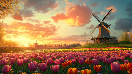 Vibrant sunset over a picturesque windmill and tulip field. The warm colors paint a tranquil scene.
