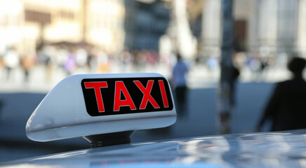 Large red sign with the word TAXI on top of car in an European square indicating the vehicle is free