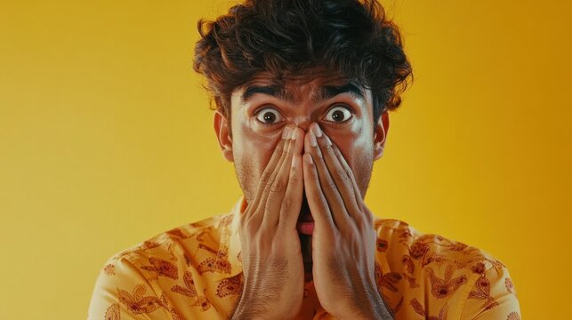 Shocked surprised young indian man looking at camera with omg face expression covering mouth with hands feeling amazed speachless silent reaction standing isolated on yellow background.