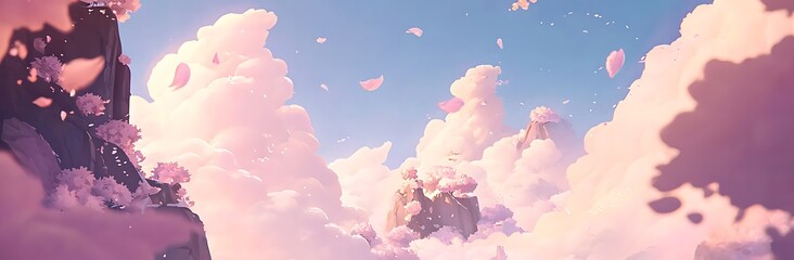Blossoms falling in mountainous landscape. Clouds roll past. Possible desktop wallpaper