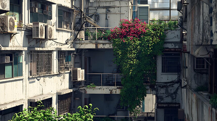Overgrown Urban Alleyway View With Greenery And Pink Flowers Against Buildings In Daylight
