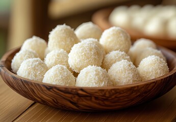 Delicious Coconut Dessert Balls on Wooden Bowl Surrounded by Smooth Creamy Textures Ideal for Sweet Treat Photography