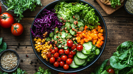 A colorful salad bowl filled with fresh vegetables such as lettuce, tomatoes, cucumber, and peppers on a rustic wooden table.