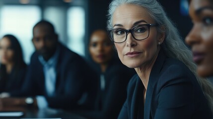 Fototapeta premium Mature older ceo businesswoman mentor in glasses negotiating growth business plan with diverse executive managers at boardroom meeting table using laptop. Multicultural team work together in office.