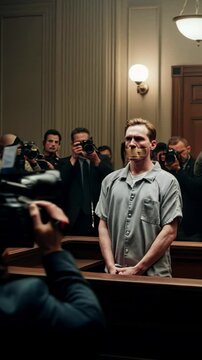 Convict silenced at trial captured in 3D animation expressing tension of being unable to defend himself before a captivated audience. Generative AI