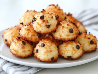 Fototapeta premium Delicious Coconut Macaroon Cookies with Chocolate Chips Stacked on a White Plate with a Soft Gray Checkered Cloth in the Background