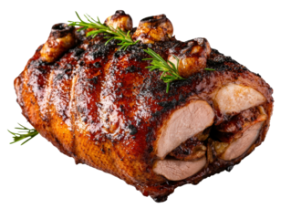 A beautiful chicken garnished with fresh rosemary sprigs on a rustic wooden table ready for a delicious meal isolated on a white background.