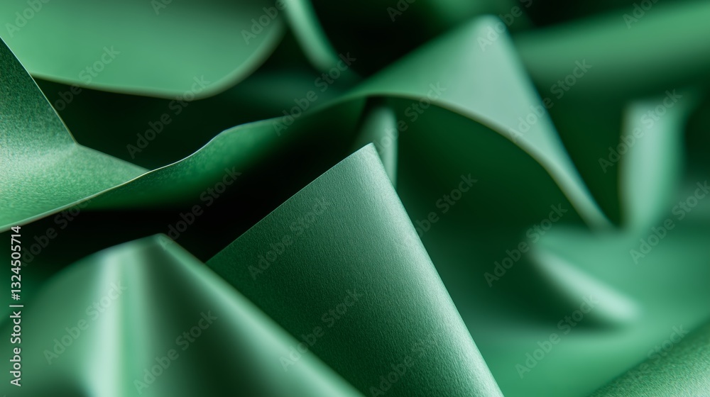 Poster textured green paper folds creating an abstract pattern in a vibrant display of color and form