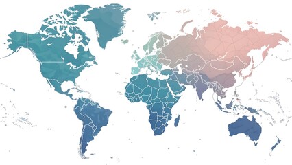 Fototapeta premium Polygonal World Map Art Print: Modern Watercolor Aesthetic with Gradient Continents (Blues, Greens, Pinks) Featuring Outlined Countries and Islands.