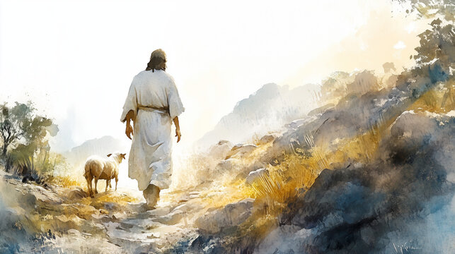 Glowing Watercolor Horizon Illuminates Jesus Walking With a Sheep