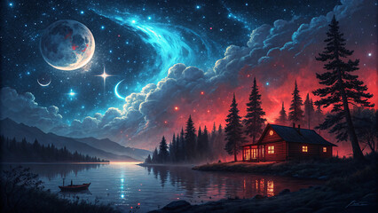 Fototapeta premium A Cozy Cabin Nestled By A Tranquil Lake Under A Breathtaking Night Sky Filled With Vibrant Nebulae, Luminous Stars, And A Giant Moon, Reflecting Serene Beauty In The Still Water