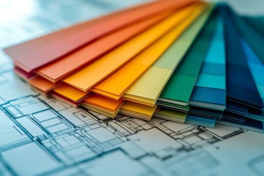 Color swatches palette resting on architectural blueprint for interior design project