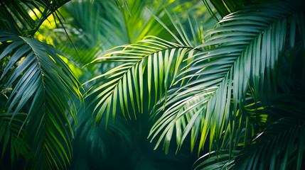 Obraz premium Lush green palm fronds bathed in dappled sunlight create a vibrant, tropical scene. The rich textures and contrasting light and shadow add depth and intrigue.