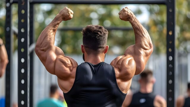 A muscular individual performing a pull-up, showcasing well-defined arms and back in an outdoor fitness environment. Concept Muscular Workout, Pull-Up Technique, Outdoor Fitness, Defined Arms - Powered by Adobe