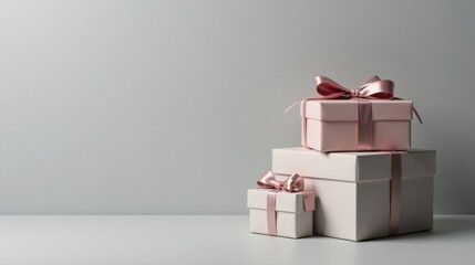 Elegantly Wrapped Presents Stacked on a Neutral Surface, Ready for Gifting or a Festive Occasion