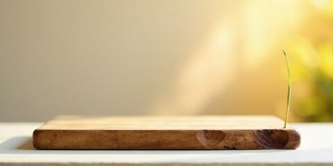 A single sprout emerges from a rustic wooden surface, bathed in soft sunlight, symbolizing growth, hope, and new beginnings.