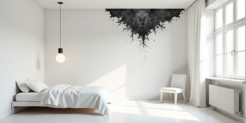 Modern Minimalist Bedroom Interior Design Featuring an Abstract Ink Splash Wall Accent