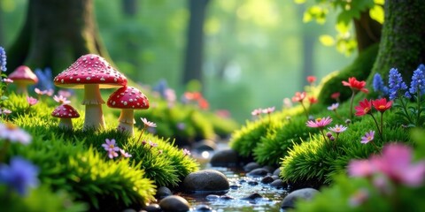 Enchanted Forest Stream with Vibrant Blossoms and Miniature Mushrooms