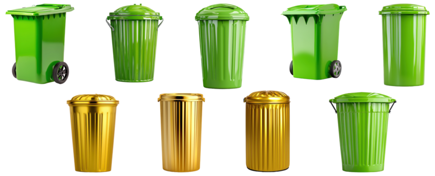 Set of green and gold trash bins in different designs, isolated on transparent background