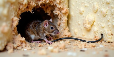 A small rodent investigates a damaged wall, its presence revealed by chewed insulation and exposed wiring