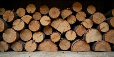 A neatly stacked pile of round wooden logs, showcasing the natural grain and texture of the wood, ideal for rustic backgrounds or design elements.