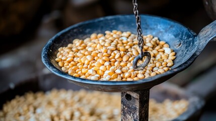 Close-Up of Yellow Peas on Antique Scale in Rustic Setting