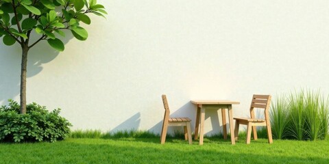 Serene Patio Scene Simple Wooden Table and Chairs Beside a Lush Green Lawn and a White Wall Providing a Peaceful Outdoor Setting