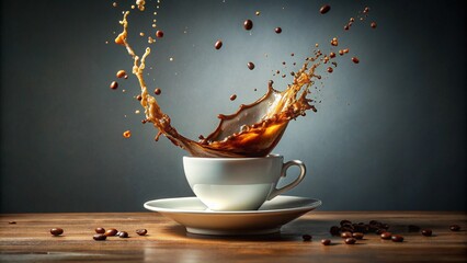A cup of coffee spilling upwards in defiance of gravity