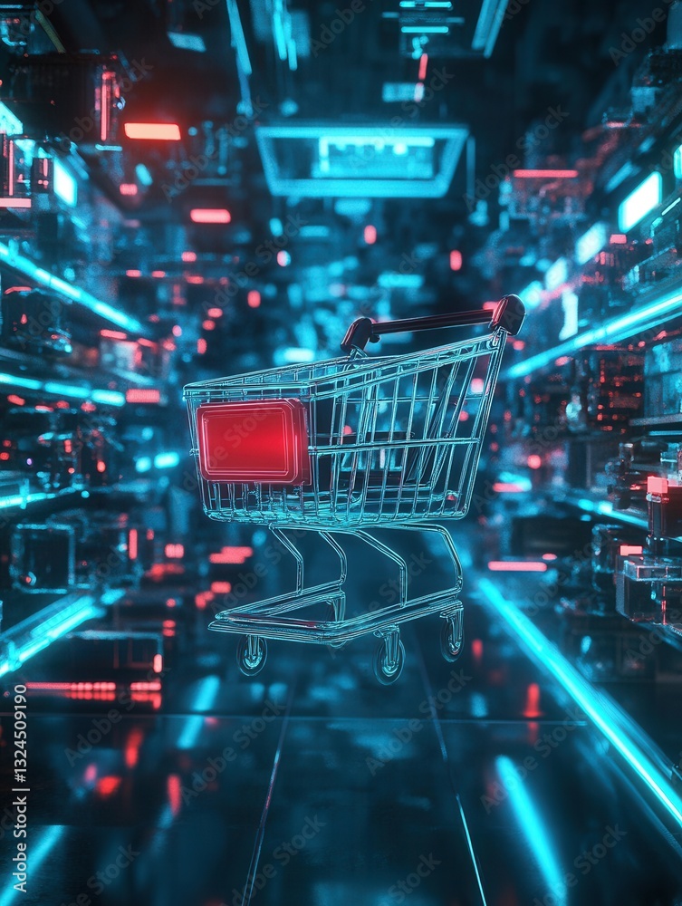 Poster futuristic shopping cart navigates through a neon digital space with glowing holographic interface i