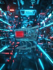 Futuristic shopping cart navigates through a neon digital space with glowing holographic interface in a cyberpunk atmosphere