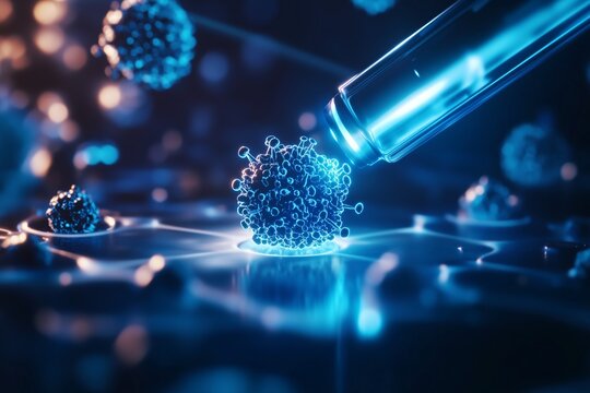 A futuristic close-up of a high-powered laser scanning nanoparticles in a sterile lab environment