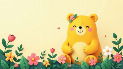 A Cheerful Yellow Bear Amidst a Springtime Garden of Colorful Flowers and Lush Green Foliage, Perfect for Greeting Cards and Springtime Celebrations