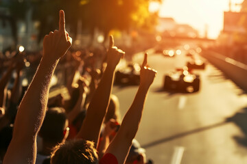 Silhouetted crowd cheering wildly at a race, arms raised in the air in celebration as cars speed by in the background. Golden hour light bathes the scene.
