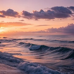 Fototapeta premium Serene Ocean Sunset/Sunrise: Warm Light, Gentle Waves, and Colorful Sky Reflecting Shimmering Blue-Green Water - Coastal Beauty Photography..