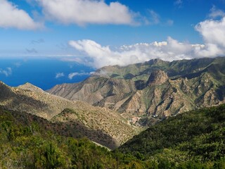 Panoramic View of the Rugged Landscape of Vallehermoso Valley with Roque Cano, La Gomera, Canary Islands, Spain